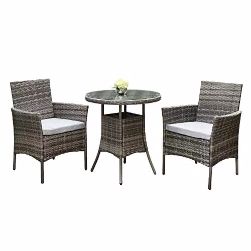 RayGar 3-Piece Grey Polyrattan Bistro Set with Round Glass Top Coffee Table and 2 Chairs for Garden and Terrace – 4