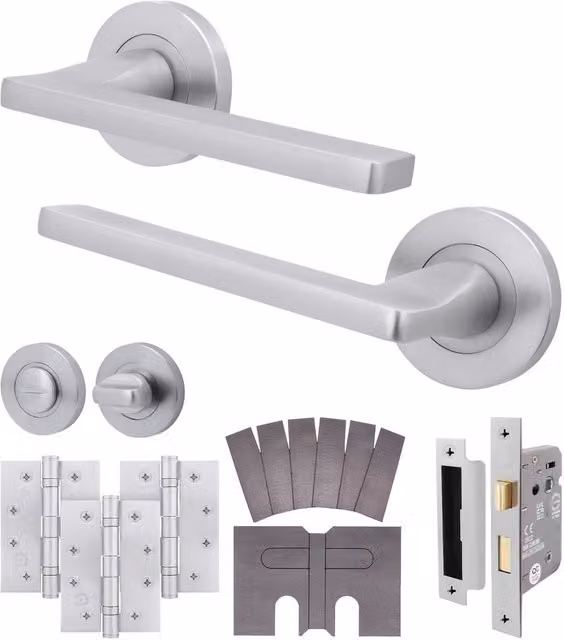 AFIT Satin Chrome Fire Door Handle Bathroom Set with Latch Lock in Silver