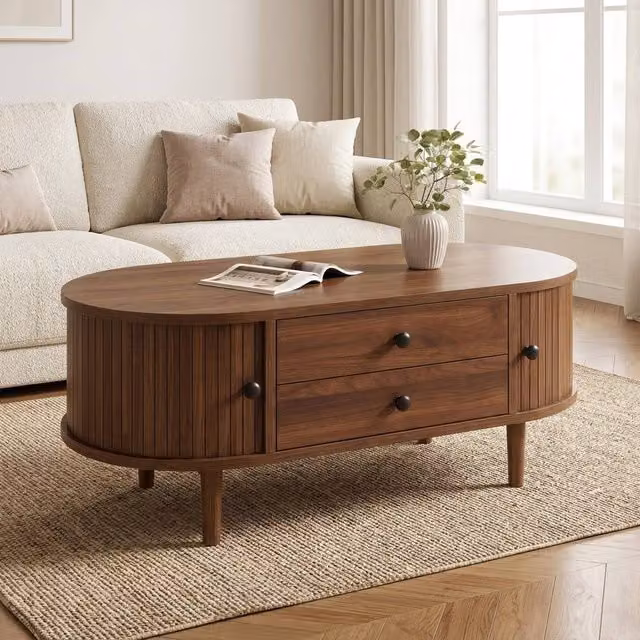 STILVORA Oval Coffee Table with Drawers and Sliding Doors in Walnut Brown