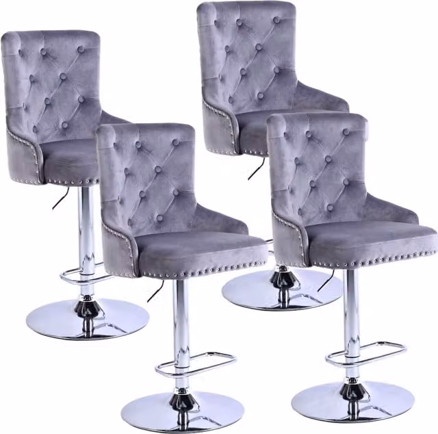 Set of 4 Novecrafto Modern Swivel Bar Stools with Backrest and Footrest in Grey Velvet Fabric and Silver Metal Base