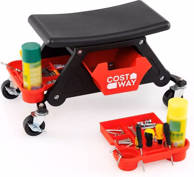 Costway Heavy-Duty Rolling Mechanic Garage Stool with Drawer and 2 Trays in Red