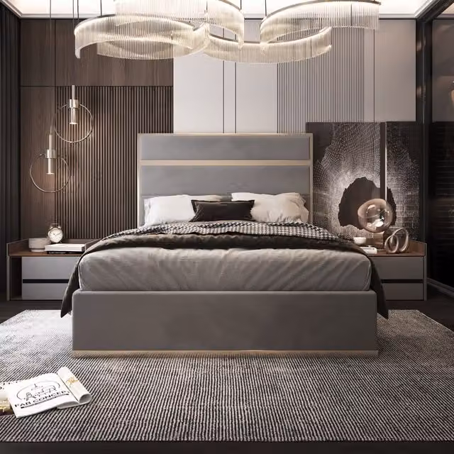 Casani Bentley Upholstered Soft Velvet Metal Bed Frame in Grey, W/D/H: 200 x 200 cm