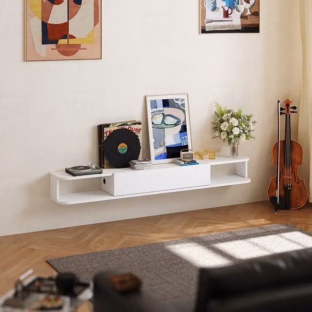 Livingandhome Minimalist Matt White Open Shelf Wall Mounted TV Stand