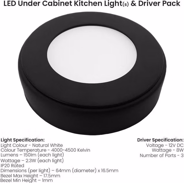 Loops 2x Matt Black Round Surface or Flush Under Cabinet Kitchen LED Light and Driver Kit with Natural White Light