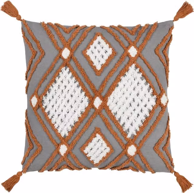Make It A Home Boho Square Tufted Tasselled Cotton Cushion in White and Grey