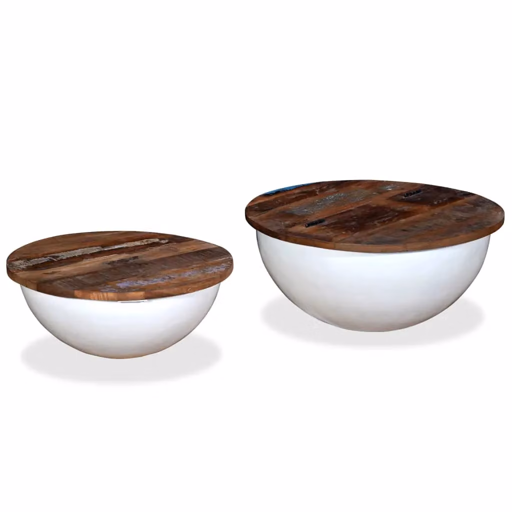 Berkfield Home 2 Piece Solid Reclaimed Wood Coffee Table Set in White with Round Bowl Shape – 2