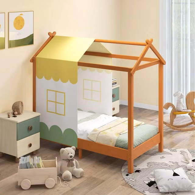 Costway Kids Single House Bed Frame in Brown Solid Wood