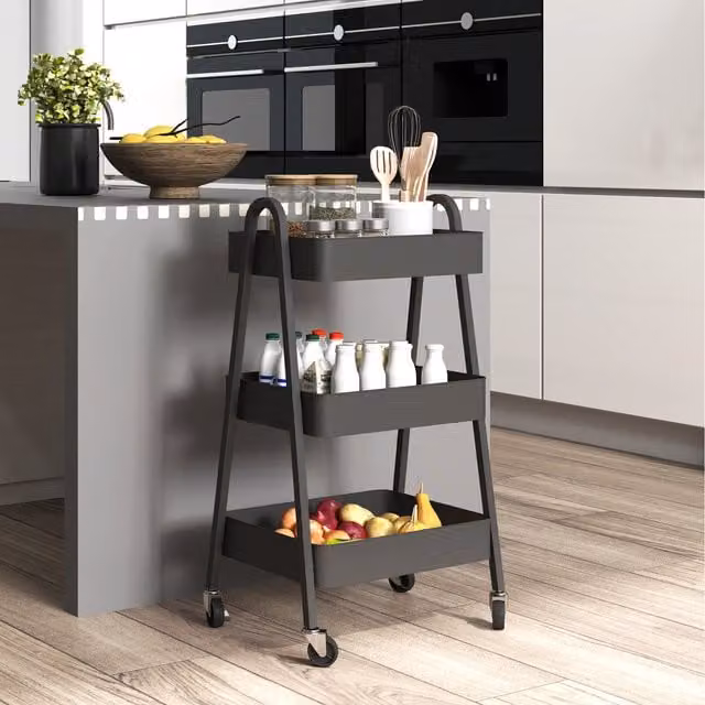 HOMCOM 3 Tier Metal Storage Trolley with Wheels and Handles in Black