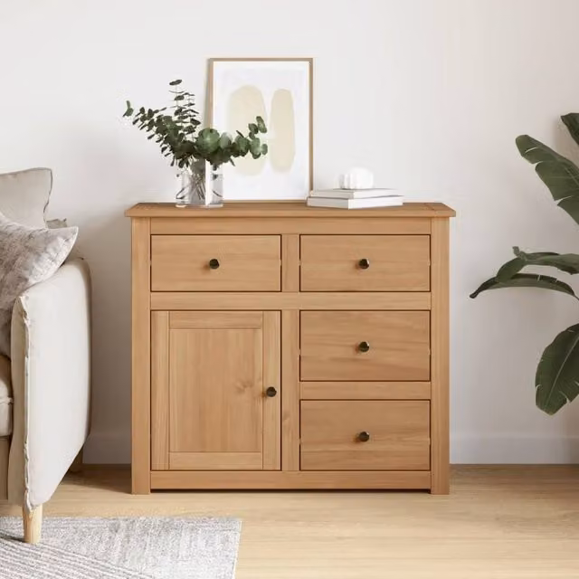Berkfield Home Panama Sideboard with Drawers in Brown Waxed Solid Pine Wood, W/D/H: 93 x 40 x 80 cm
