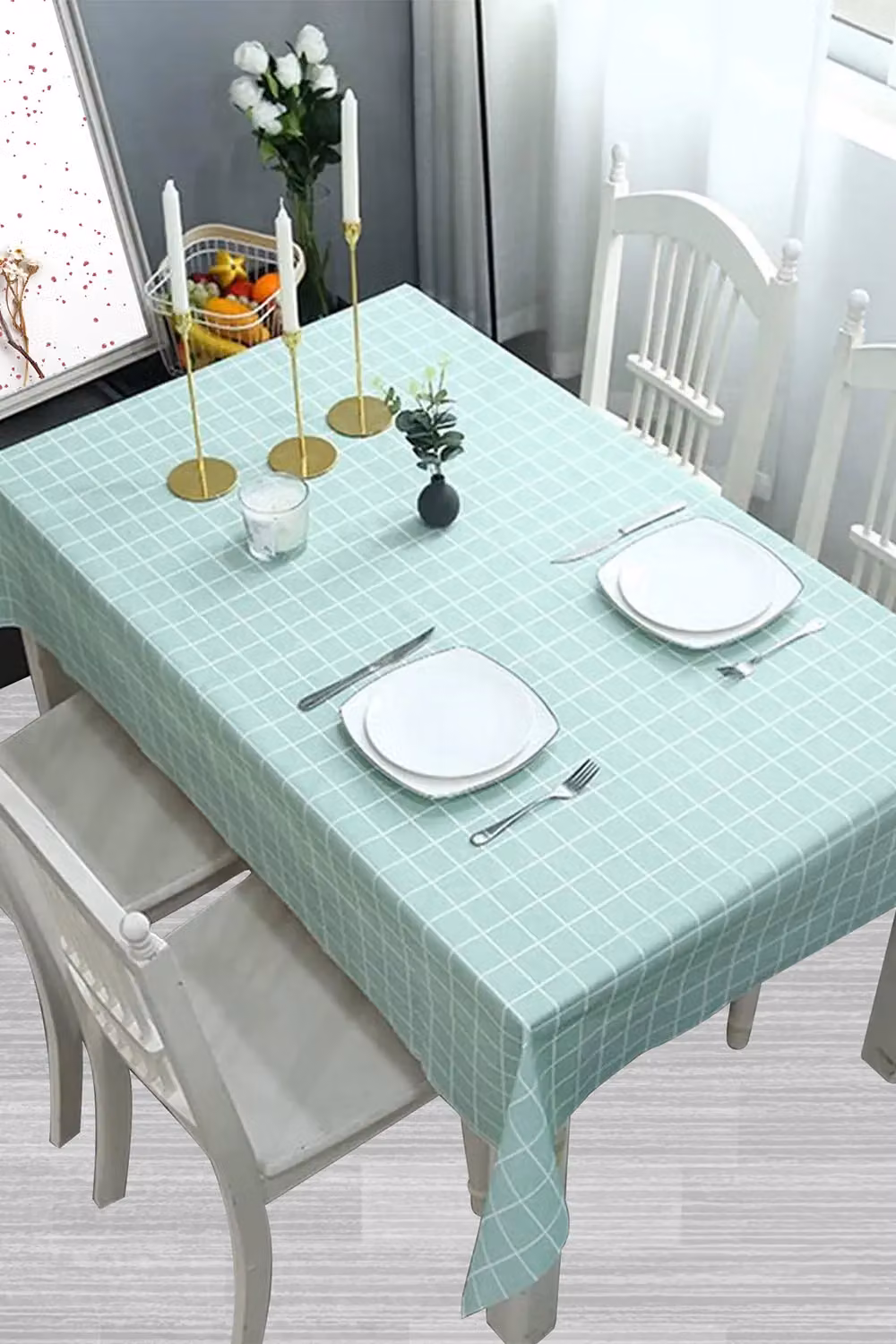 Neel Blue Checked PVC Rectangular Tablecloth in Light Blue, W: 137 cm, L: 180 cm – 3