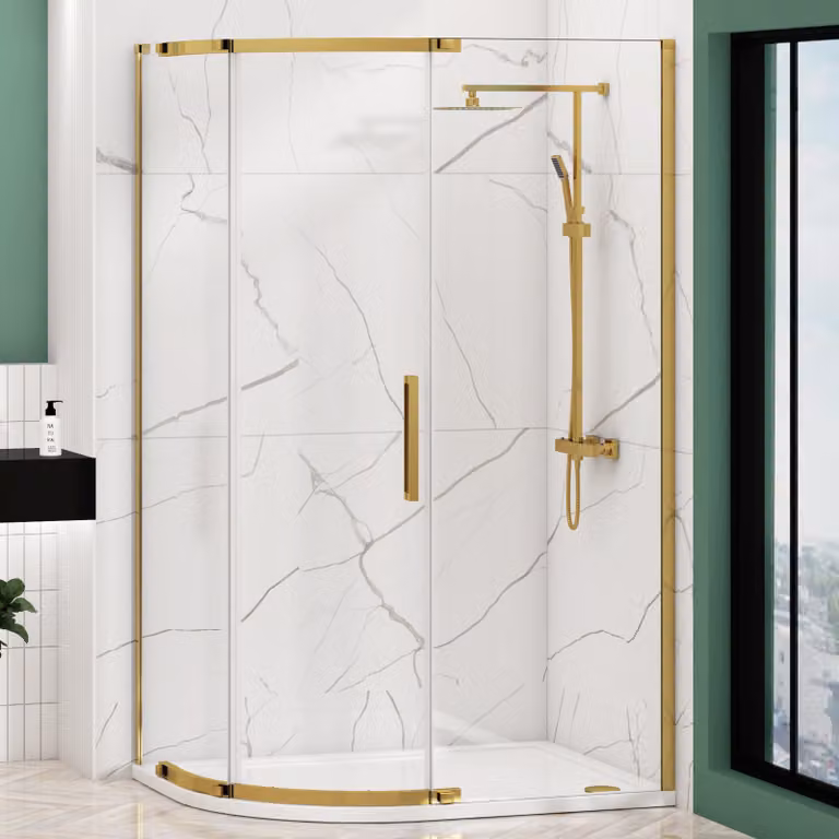 Royal Bathrooms Chelsea Single Door Offset Quadrant Shower Enclosure with LH Stone Tray, Brushed Brass, W: 120 cm, D: 80 cm, H: 195 cm
