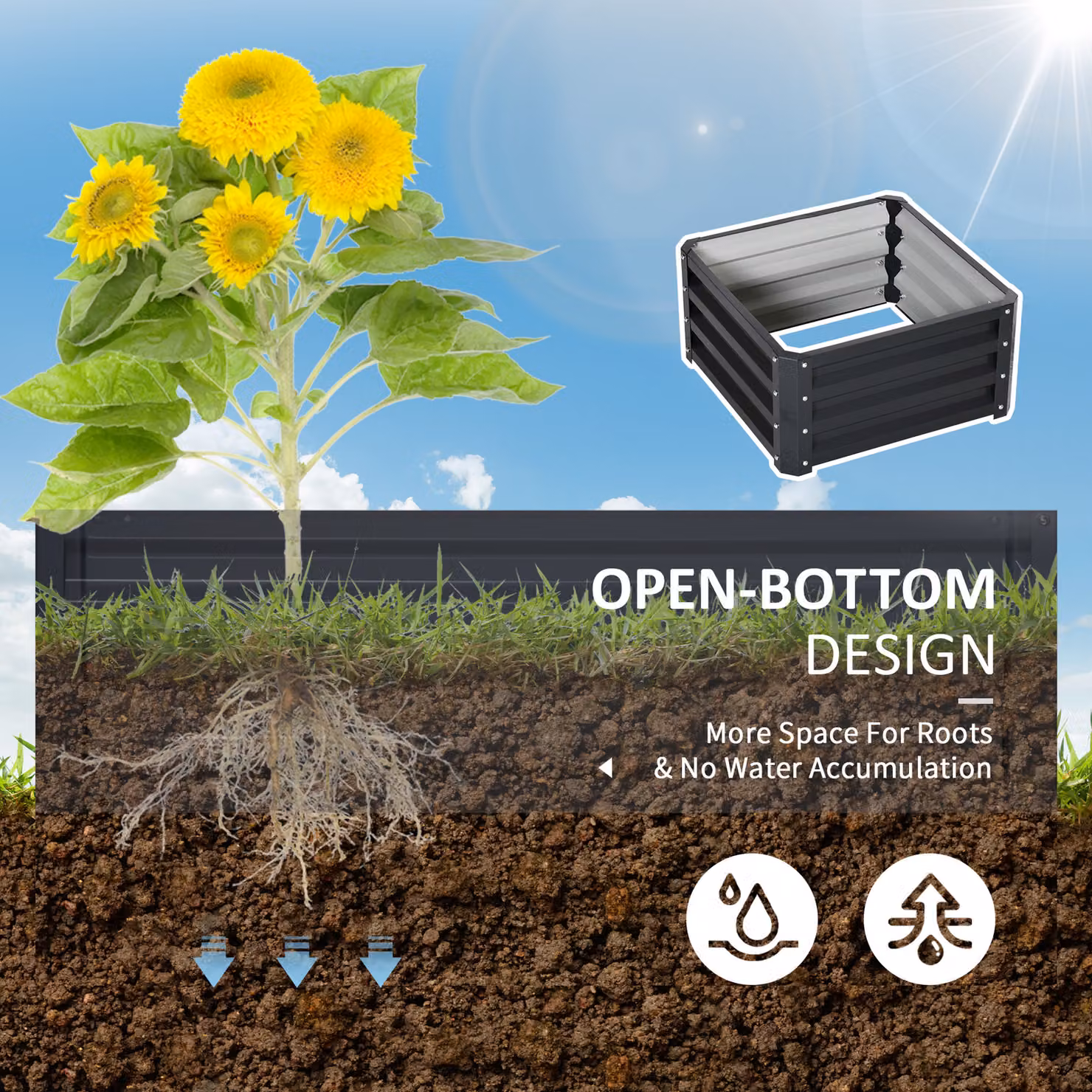 Outsunny Set of 2 Grey Galvanised Steel Raised Garden Beds for Flowers and Herbs, W: 60 cm, D: 60 cm, H: 30.5 cm – 5