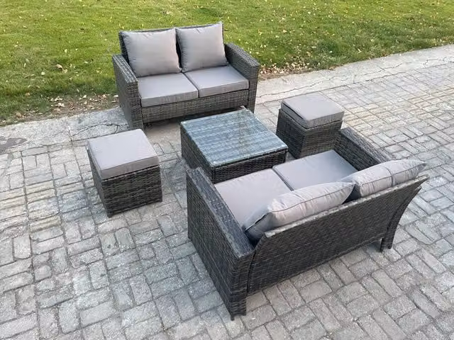 Fimous 5 Piece Grey Rattan Garden Furniture Set with 2 Double Seater Sofas, Coffee Table and 2 Ottomans