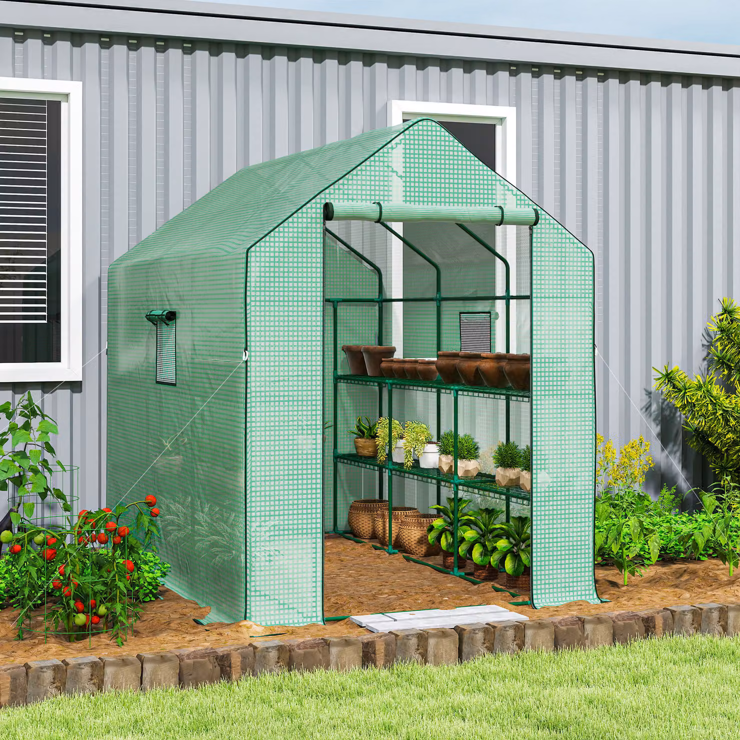 Outsunny Walk-In Greenhouse Oasis with 3 Tier Shelves, Roll-Up Door and Mesh Windows, Verdant Green, W: 140 cm, D: 213 cm, H: 190 cm – 2
