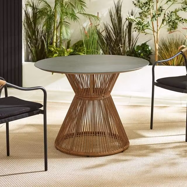 FurnitureboxUK Lanai Round Rattan Garden Dining Table with Glass Top in Black