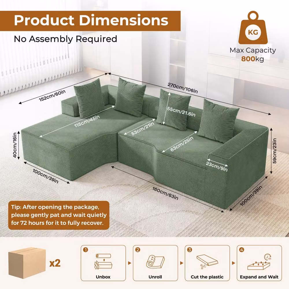 Dprodo Green Corduroy Left L-Shaped Modular Sofa with Scatter Cushions, Width: 320 cm – 4