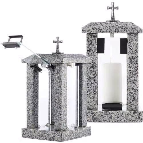 NOVECRAFTO Large Square Granite Memorial Lantern with Cross in Grey, H 32 cm – 1