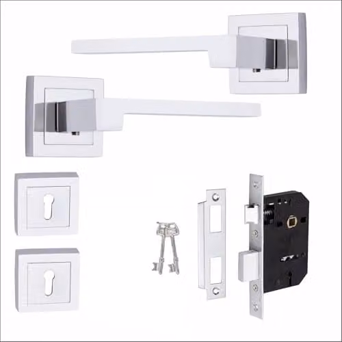 Golden Grace Zeta Key Lock Door Handle Set in Silver Polished Chrome