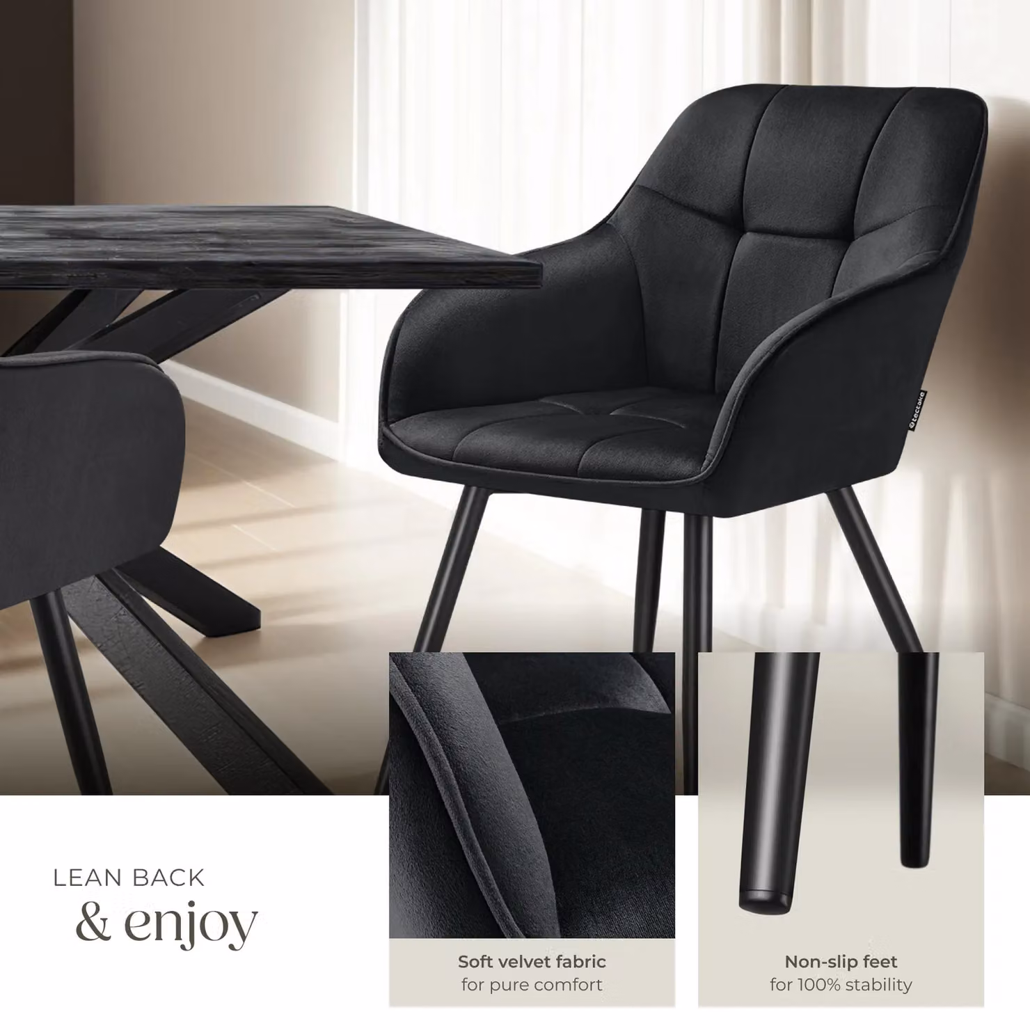 tectake Marilyn Set of 2 Modern Velvet Dining Chairs with Armrests in Black – 4
