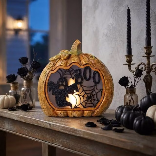 Garden Greatness Illuminated Boo Ghost Pumpkin Ornament in Orange and Multicolour
