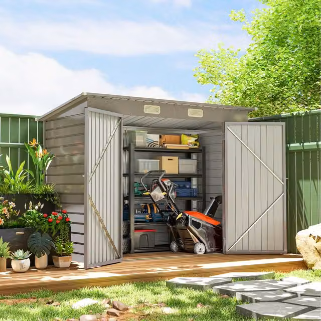 Outsunny Metal Pent Garden Shed with Double Doors and 2 Vents, Light Grey