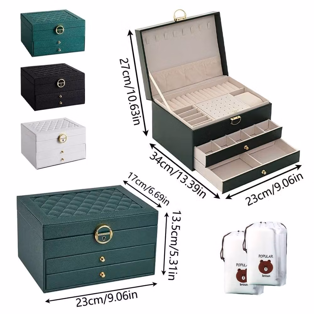 Hinsinc 3-Layer Jewellery Box Necklace Organiser with Drawers, Black, W: 23.0 cm, D: 13.5 cm, H: 13.5 cm – 1