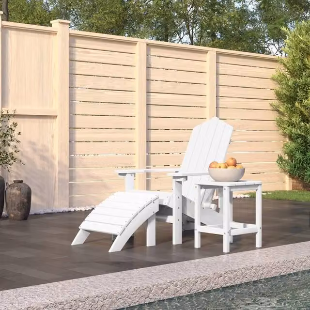 Berkfield Home Garden Adirondack Chair with Footstool and Table in White HDPE Plastic – 1