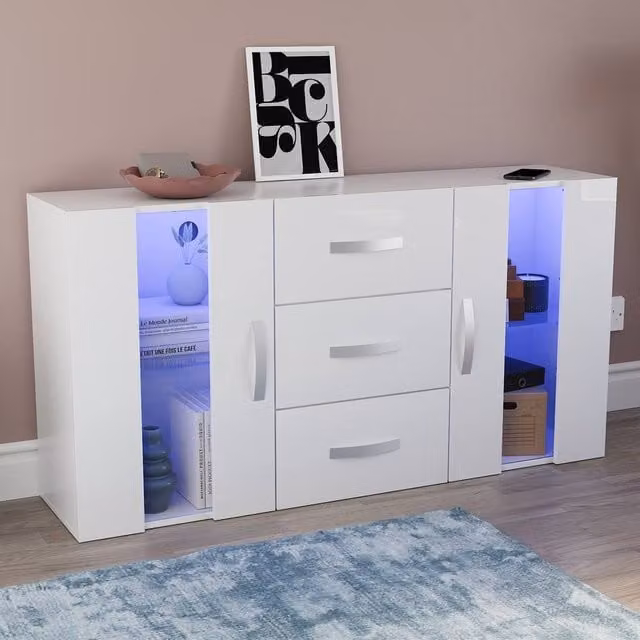 HD Designs Astro Modern Glossy White Sideboard Cabinet with 2 Doors, 3 Drawers and Integrated LED Lighting – 1