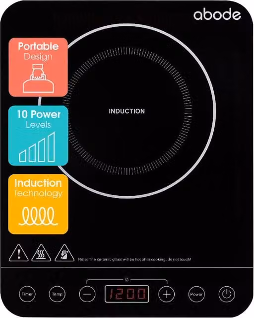 Abode AINDH1002 Portable Single Induction Hob in Black with Digital Touch Control, 2000W, 10 Heat Settings and Timer