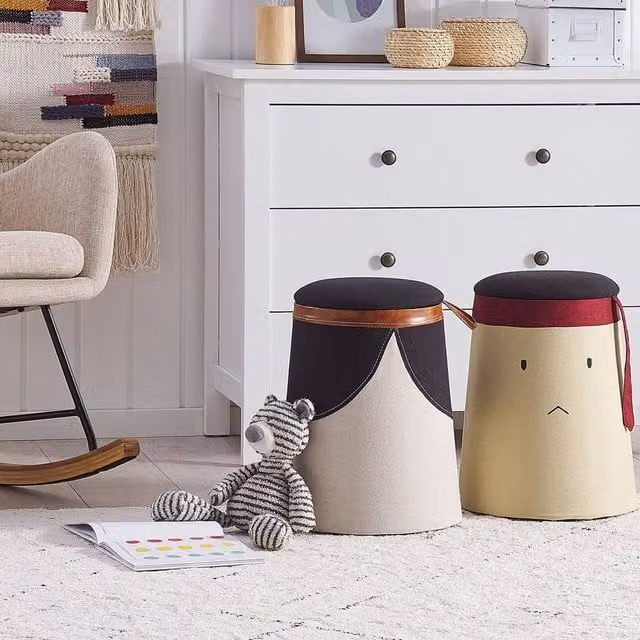Wyld and Coco Kids Pouffe in Beige Faux Linen with Hidden Storage – 1