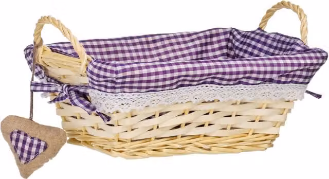 Orsina Small Rectangular Willow Bread Basket with Purple Gingham Fabric Lining – 1