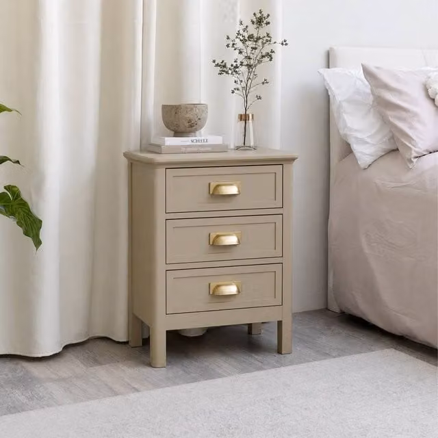 Melody Maison Lawrence 3 Drawer Bedside Table in Beige and Gold