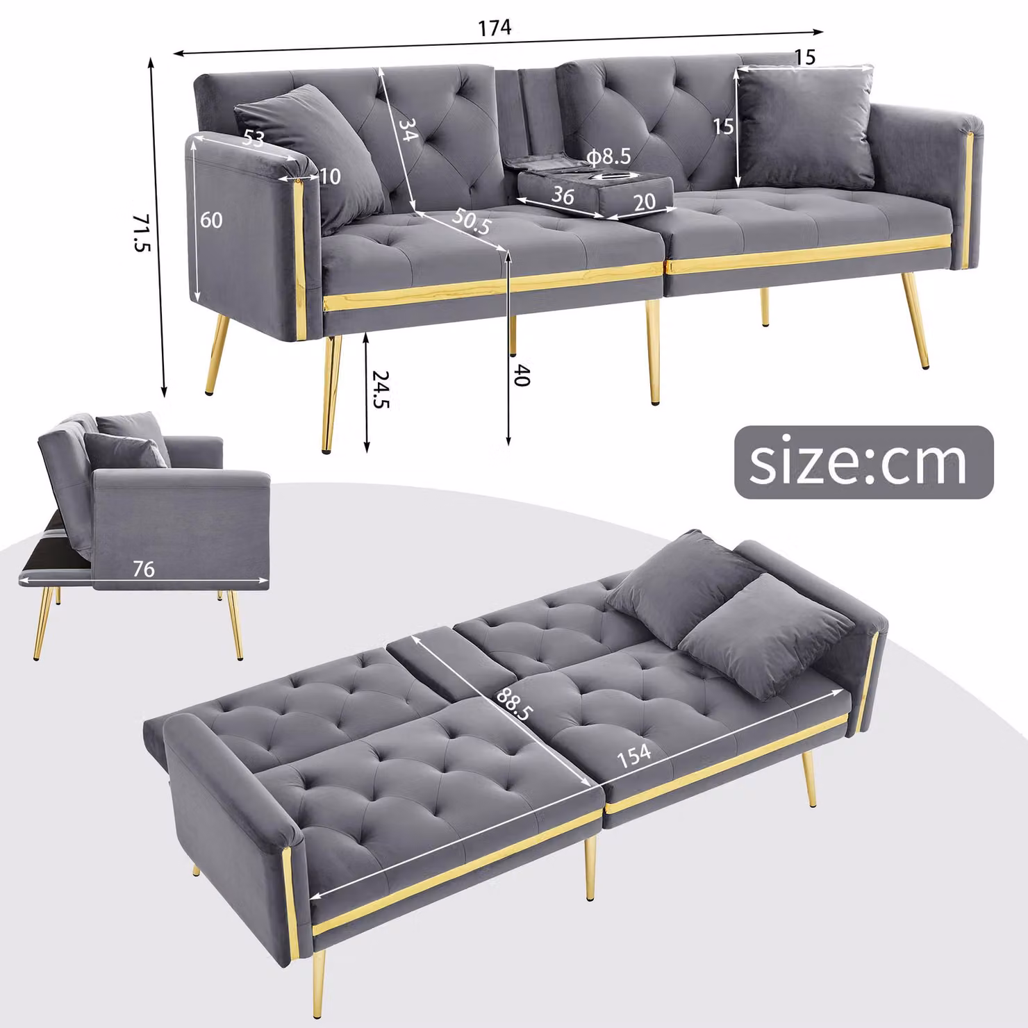 Aosom UK Grey Velvet Two-Seater Convertible Sofa Bed with Adjustable Backrest and Cup Holders, W/D/H: 174 x 76 x 71.5 cm – 3