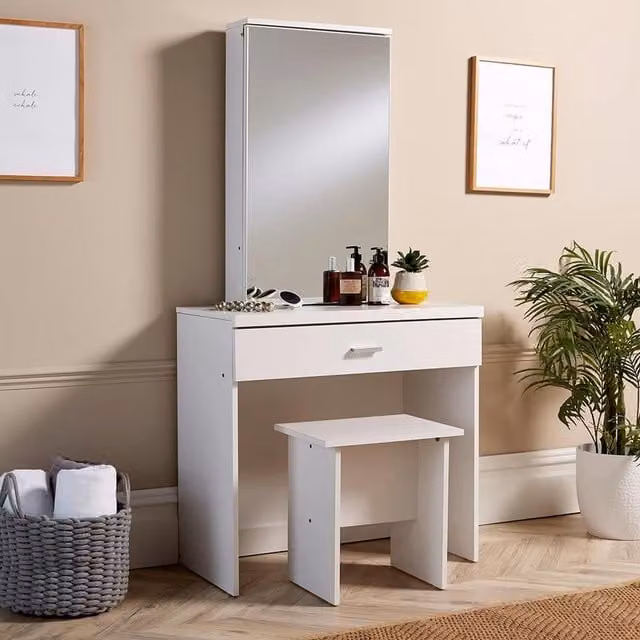 Home Source Berlin Dressing Table with Sliding Mirror and Stool Set in White Glossy Finish