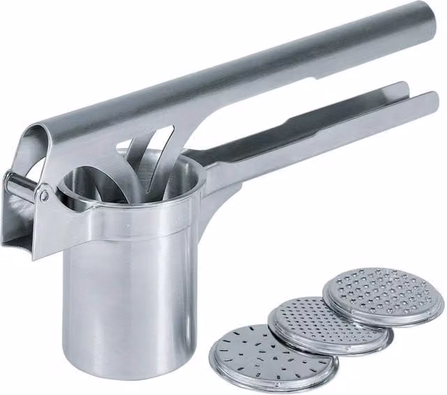 Gefu Tri Star Professional Potato Press with Interchangeable Discs in Silver Stainless Steel