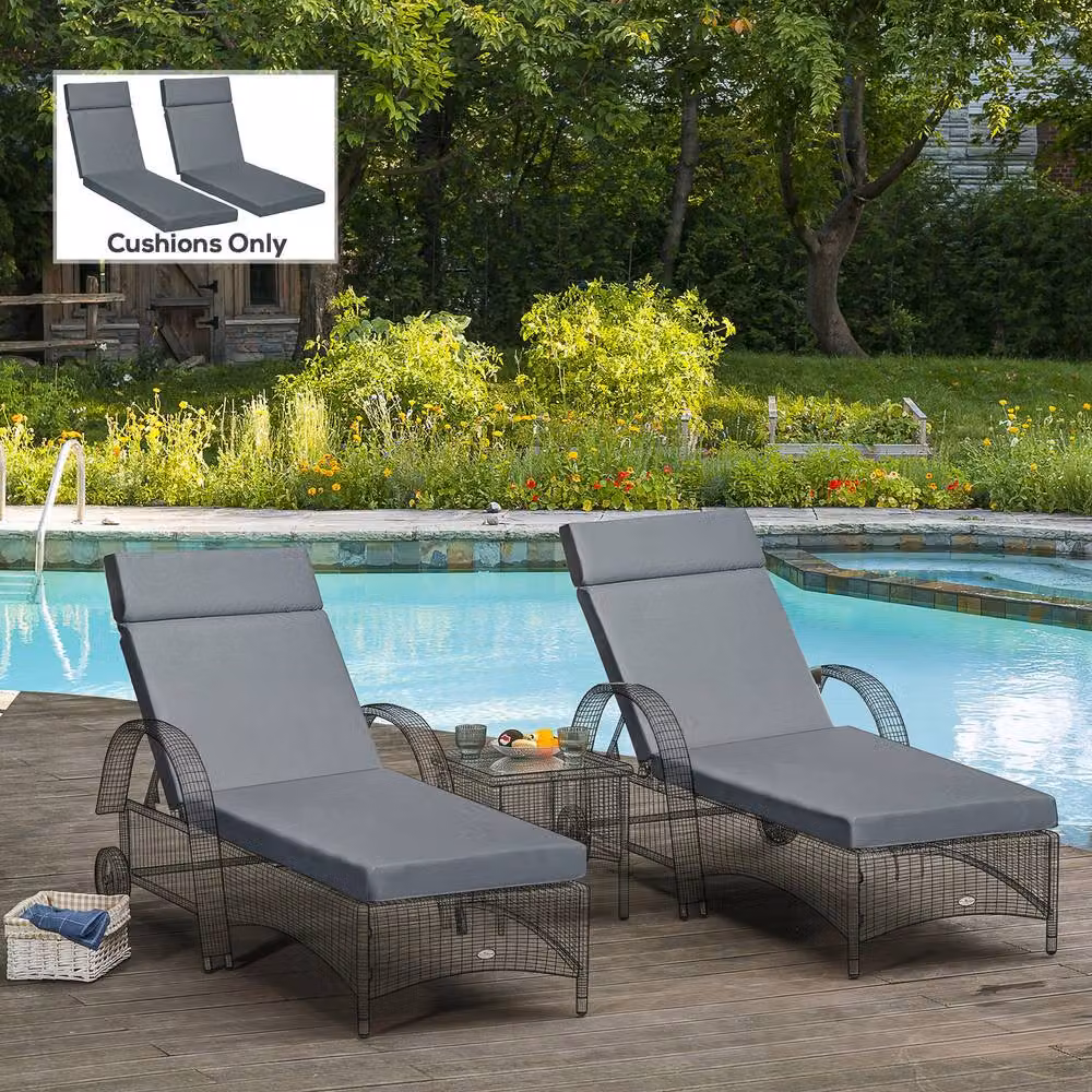 Outsunny Set of 2 Dark Grey Replacement Sun Lounger Cushions for Rattan Furniture, W: 196 cm, D: 55 cm – 2