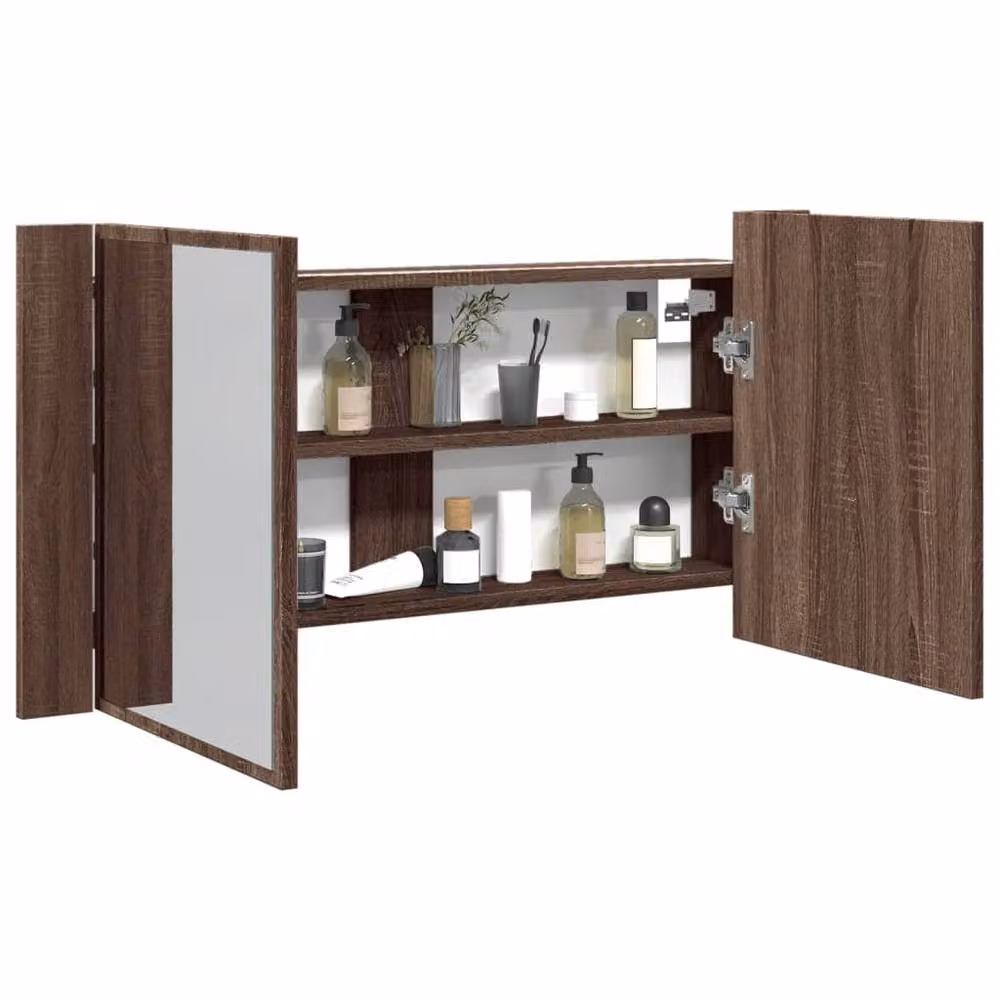 Berkfield Home LED Bathroom Mirror Cabinet in Brown Oak, W/D/H: 90 x 12 x 45 cm – 2