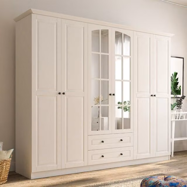EVUHOME Modern White Wardrobe with Glass Doors and Integrated Drawers, H: 210 cm, W: 184 cm, D: 52 cm
