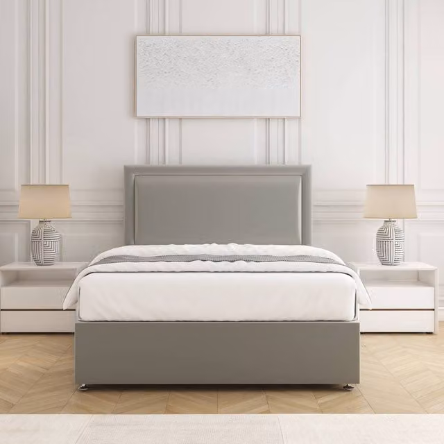 BSSPOKE Ella Divan Bed Set with 24 inch Headboard and Mattress in Silver Plush Velvet, W/D/H: 90 x 200 cm