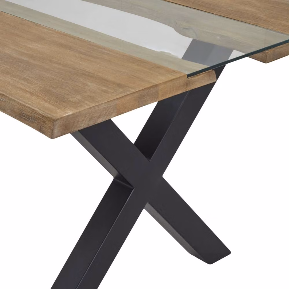Wyld Haus Vouvant Live Edge Acacia Dining Table with Glass Inlay and Black X Frame in Natural – 3