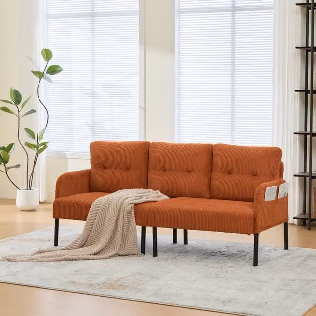 HomeTouch Modern 3 Seater Upholstered Sofa in Orange with Side Pockets and Armrests, W/D/H: 171 x 80 x 57 cm
