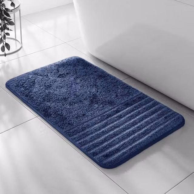 Velosso Linear Navy Blue Microfibre Striped Bath and Pedestal Mat, Large