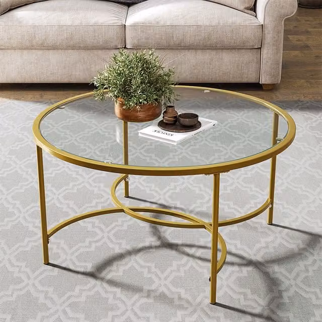 Livingandhome Round Tempered Glass Coffee and Cocktail End Table with Golden Metal X-Frame Base