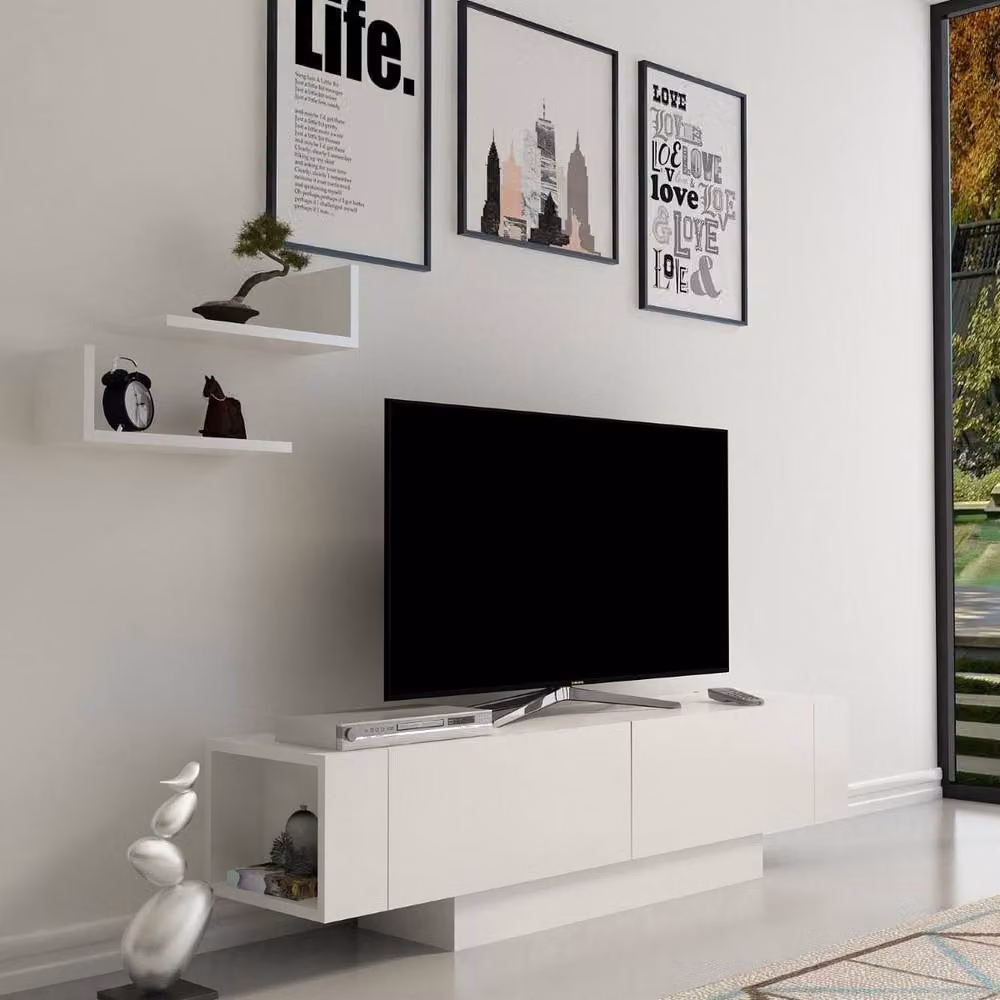 CALICOSY Matera Wall Mounted TV Unit with 2 Hinged Doors in White, W: 150 cm, D: 41.6 cm, H: 31.5 cm – 1