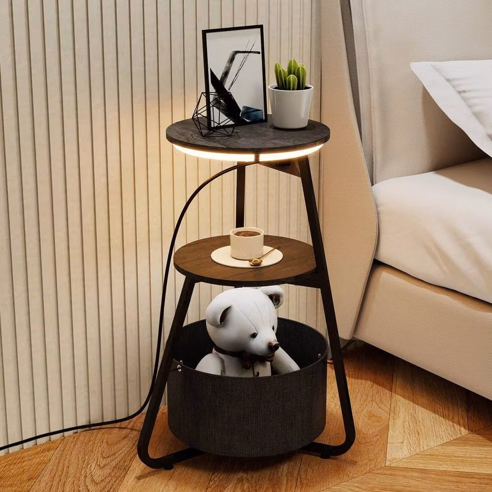 FORGEVIO Modern Round Small Side Table with 3-Tier Storage and LED Light in Black – 5