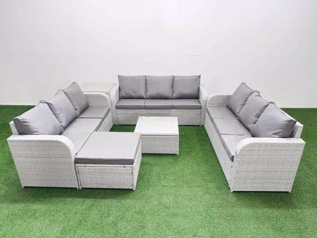 Fimous 10 Seater PE Rattan Garden Furniture Set in Light Grey with 3 Seater Sofa, Square Coffee Table, Footstool and Side Table