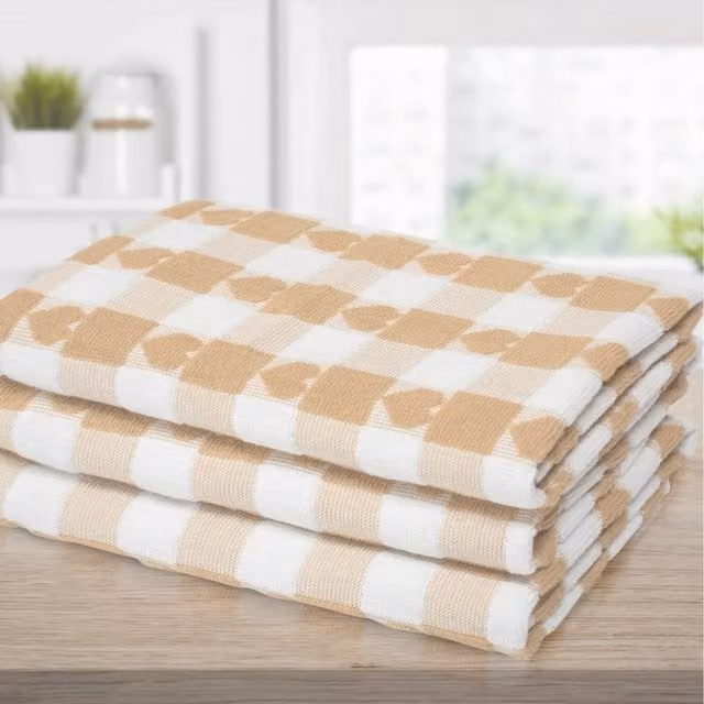 Kitchen Trends Pack of 3 Highly Absorbent Cotton Tea Towels with Striped Hearts Pattern in Beige
