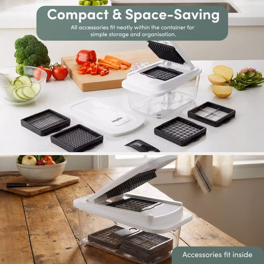 Keplin 4-in-1 Vegetable Chopper with Container and 4 Interchangeable Blades in White – 8