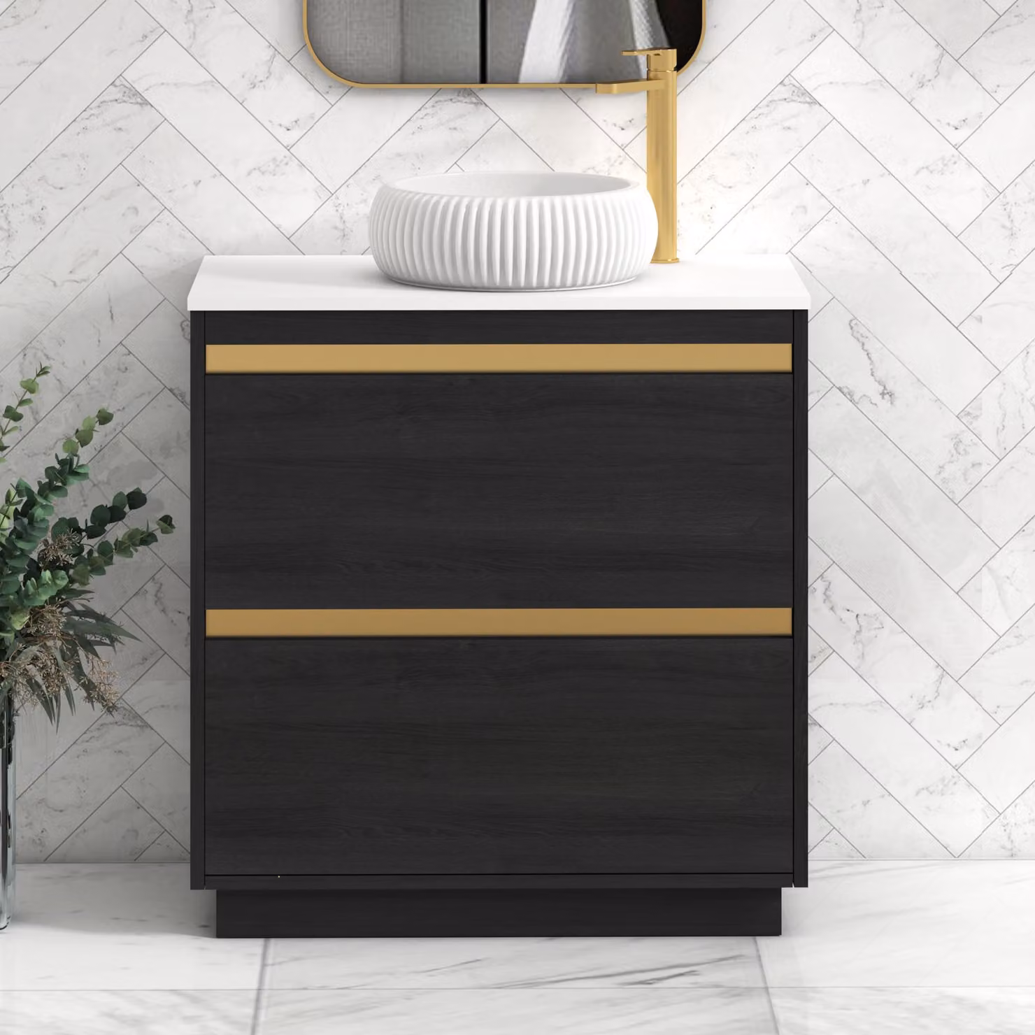 Royal Bathrooms Orion 800mm Hale Black and White Floor Standing Vanity Unit with Milan Basin and Brushed Brass Accent Trim