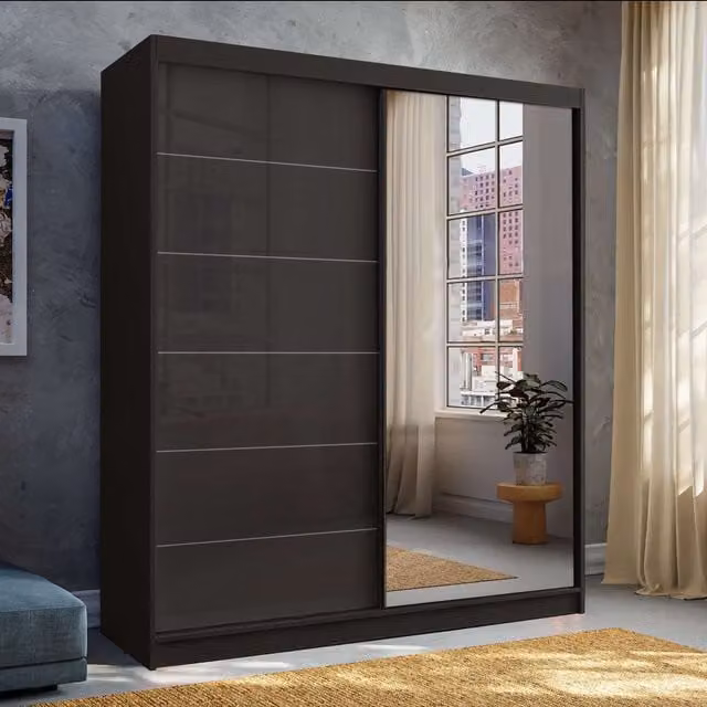 MN Furniture High Gloss Sliding Mirror Wardrobe with Integrated LED Lighting, Black, W: 200 cm, H: 200 cm